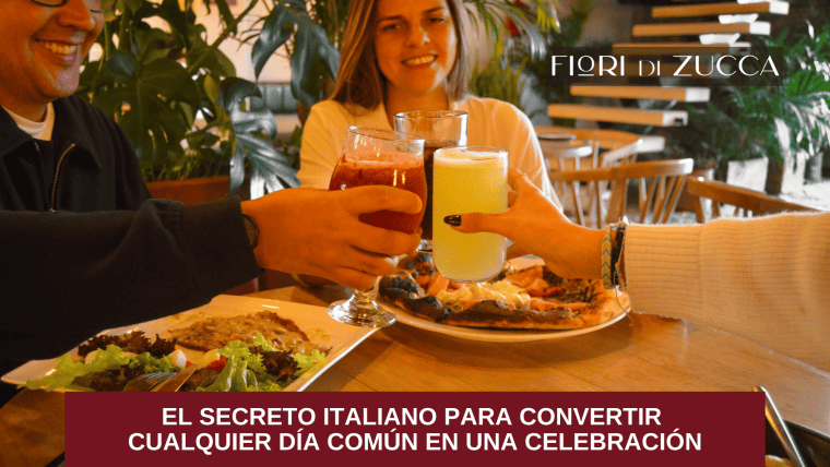 Pareja brindando en un restaurante italiano durante una cena con ambiente cálido y elegante.