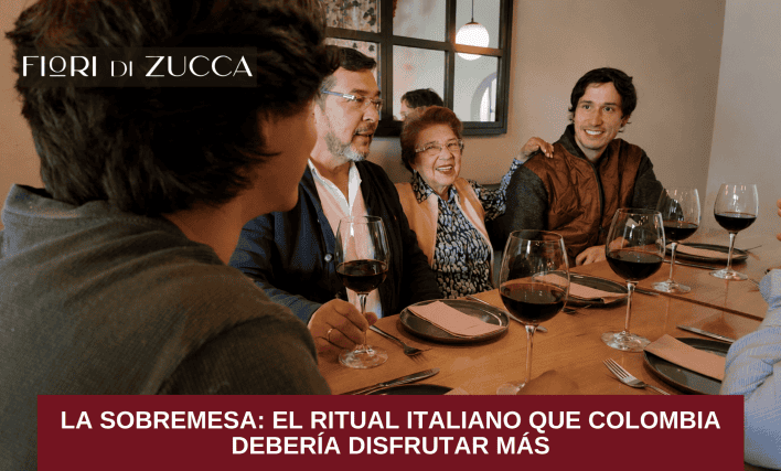 Personas conversando durante una sobremesa en FIORI DI ZUCCA después de una comida italiana.